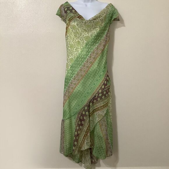 Vintage Y2K Green Romantic Fairycore Patchwork Draped Fairy Midi Dress Sz 10 - Picture 1 of 9